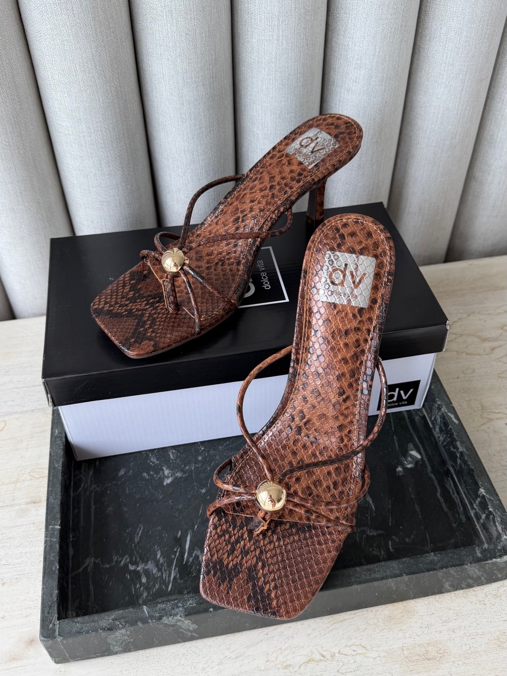DV by Dolce Vita Brown Snake-Print Gold-Accent Strappy Heels